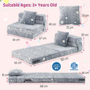 Kids folding sofa bed in grey with glow-in-the-dark stars, transforms into a floor mattress, perfect for playtime and.