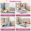 Kids folding sofa bed in grey, transforming from sofa chair to floor mattress, perfect for playtime and relaxation.