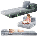Kids folding sofa bed in grey with glow-in-the-dark stars, transforms from sofa chair to floor mattress for versatile.