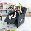 Kids recliner sofa in blue with adjustable backrest and footrest, perfect for reading, playing, or napping.