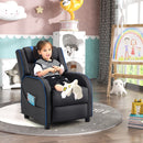 Kids recliner sofa in blue with adjustable backrest and footrest, designed for comfort and play, featuring side pockets.