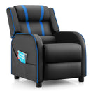 Kids recliner sofa in black and blue with adjustable backrest and footrest, perfect for playtime and relaxation.