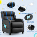 Kids recliner sofa with adjustable backrest and footrest, featuring blue accents and side storage pockets for.