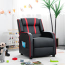 Kids recliner sofa in black and red with adjustable backrest and footrest, perfect for playtime and relaxation.