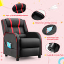 Kids recliner sofa in red with adjustable backrest and footrest, featuring side storage pockets for books and snacks.