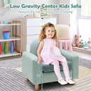 Kids sofa with wooden armrests and thick cushion, designed in a cute dinosaur shape for comfortable playtime.