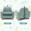 Kids sofa with dinosaur design, featuring a thick cushion and wooden armrests, perfect for playrooms and reading.