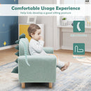 Kids sofa with dinosaur design, beech legs, and thick cushion for comfortable sitting and spine protection in playroom.