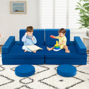 Modular kids convertible foam folding sofa in blue, featuring two children playing and exploring creative.