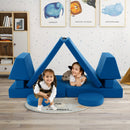 Modular kids convertible foam sofa in blue, featuring various cushions for creative play and safe lounging.