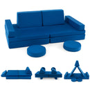 Modular kids convertible foam folding sofa in blue with cushions, ideal for imaginative play and creativity.