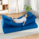 Modular kids convertible foam folding sofa in blue, featuring various cushions for imaginative play and comfort.