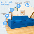Modular kids convertible foam folding sofa in blue with cushions, perfect for imaginative play and comfortable sitting.