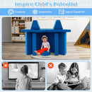 Modular kids convertible foam folding sofa in blue, featuring various cushions for imaginative play and creativity.