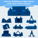 Modular kids convertible foam sofa set in blue, featuring various cushions for creative play and imaginative building.