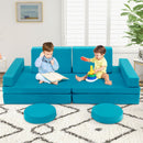 Modular kids convertible foam folding sofa in green with cushions, perfect for imaginative play and creativity.