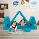 Modular kids convertible foam folding sofa in green, showcasing two trapezoidal pillows and rounded cushions for.