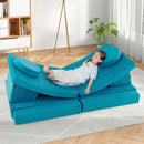 Modular kids convertible foam folding sofa in green, featuring various cushions, ideal for imaginative play and comfort.