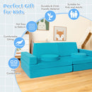 Modular kids convertible foam folding sofa in green with cushions, perfect for imaginative play and comfortable sitting.