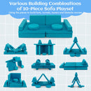 Modular kids foam sofa set in green, featuring various configurations like forts and tunnels for imaginative play.