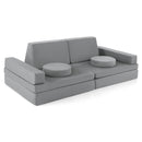 Kids modular convertible foam folding sofa in gray with round cushions, perfect for imaginative play and safe lounging.