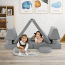 Kids modular convertible foam folding sofa set with 10 pieces, featuring soft suede cushions for imaginative play.