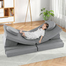 Kids modular convertible foam folding sofa set in use, featuring a child lounging comfortably, encouraging imaginative.