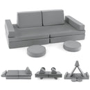 Kids modular convertible foam folding sofa set displayed in various configurations, promoting creativity and safe play.