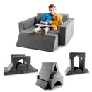 Kids modular play sofa in grey with 8 pieces, featuring detachable suede covers for comfort and imaginative play.