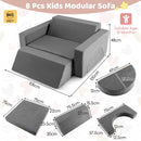 Kids modular play sofa in grey with 8 pieces, featuring detachable suede covers for creative combinations and comfort.