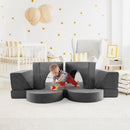 Modular play sofa in grey with multiple cushions, allowing kids to create imaginative shapes for fun and comfortable.