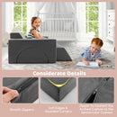 Kids modular play sofa in grey with detachable suede covers, featuring smooth zippers and rounded corners for safety.