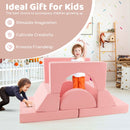 Kids modular play sofa set in pink with 8 pieces, featuring soft suede covers for comfortable playtime and creativity.