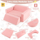 Kids modular play sofa in pink with 8 pieces, featuring detachable suede covers for comfortable and imaginative play.