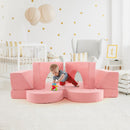 Kids modular play sofa in pink, featuring 8 pieces with detachable suede covers for imaginative play and comfort.