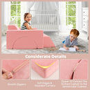 Kids modular play sofa set in pink with detachable suede covers, featuring smooth zippers and rounded corners for.