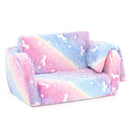 Colorful 2-in-1 folding kids couch with blanket, featuring glow-in-the-dark unicorn patterns for cozy playtime and naps.