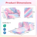 Colorful 2-in-1 folding kids couch with blanket, showing dimensions for cozy lounging and playtime, suitable for ages.