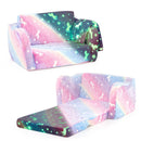Colorful 2-in-1 folding kids couch with blanket, featuring glow-in-the-dark patterns, perfect for playtime and naps.