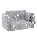 Cozy grey 2-in-1 folding kids couch with star patterns and blanket, perfect for playtime and naps.