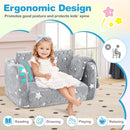 Cozy 2-in-1 folding kids couch in grey with star patterns, perfect for reading, playing, or napping. Includes blanket.