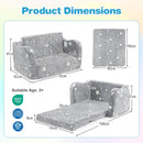 Dimensions of the 2-in-1 folding kids couch in grey, featuring a cozy design for children aged 3+, with included.