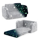 2-in-1 folding kids couch in grey with glow-in-the-dark stars and included blanket, perfect for cozy playtime and naps.