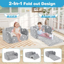 2-in-1 foldable kids couch in grey, converts from snug chair to lounger, includes blanket for cozy playtime and naps.