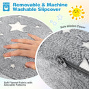 Plush grey 2-in-1 folding kids couch with removable slipcover and hidden zipper, perfect for cozy playtime and naps.