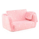 Plush pink 2-in-1 folding kids couch with blanket, perfect for cozy naps and playtime, featuring glow-in-the-dark stars.