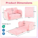 Pink 2-in-1 folding kids couch with blanket, showing dimensions for cozy lounging and playtime, suitable for ages 3+.