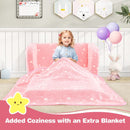 2-in-1 pink kids couch with blanket, featuring plush flannel fabric, perfect for cozy playtime and naps.