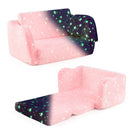 2-in-1 folding kids couch in pink with glow-in-the-dark stars, converts from chair to lounger, includes cozy blanket.
