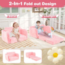Pink 2-in-1 folding kids couch with blanket, transforming from a snug chair to a lounger, perfect for play and naps.